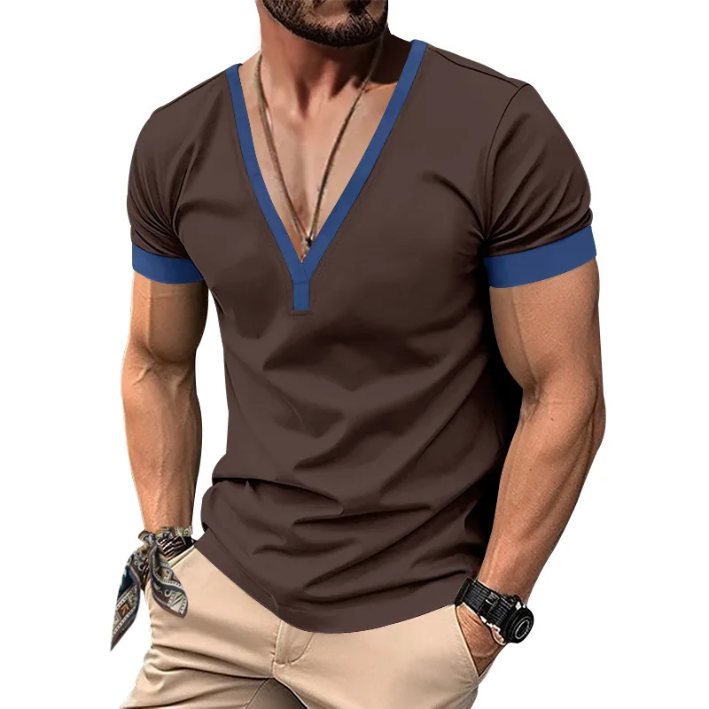 Spring and summer short-sleeved henry shirt casual men's V-neck contrast top heavy casual slim T-shirt - Image 2