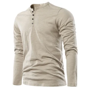 Henery Neck Long Sleeve T shirt For Men Solid Spring Casual Mens T-shirts High Quality Male Tops Classic Clothes Men's T-shirts