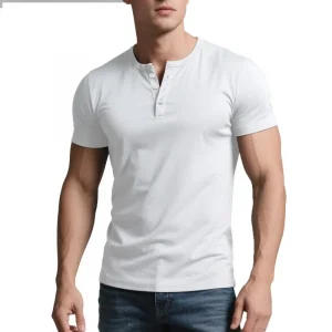 Men White Henley Neck Short Sleeve T Shirt Slim Fit Casual Breathable Summer Top