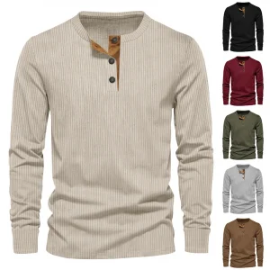 Spring and Autumn New Men's Long Sleeve T-shirt Corduroy Retro Casual Men's Clothing Slim Solid Color Long Sleeve Henley Shirt