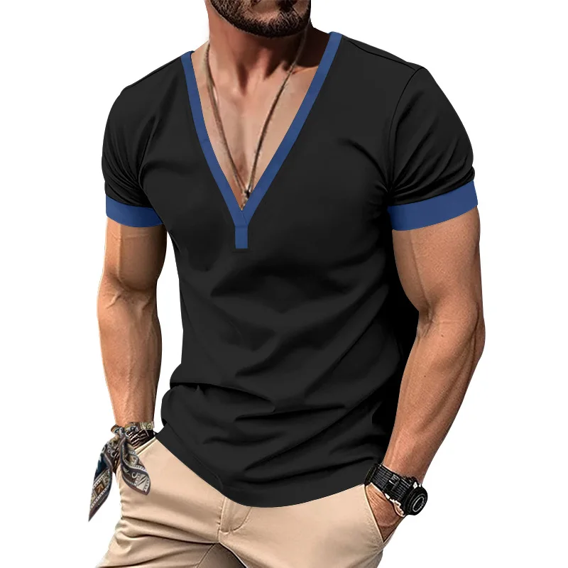 Spring and summer short-sleeved henry shirt casual men's V-neck contrast top heavy casual slim T-shirt - Image 3
