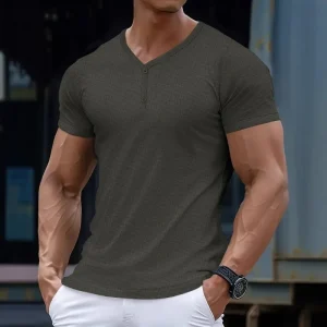 Fashion Men's Short Sleeve Button T-Shirt Henley Collar Bamboo Texture Summer Trendy Casual Solid Short T