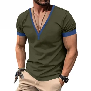 Spring and summer short-sleeved henry shirt casual men's V-neck contrast top heavy casual slim T-shirt