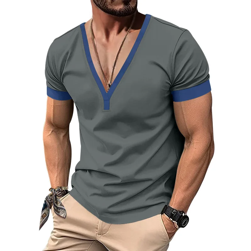 Spring and summer short-sleeved henry shirt casual men's V-neck contrast top heavy casual slim T-shirt - Image 4