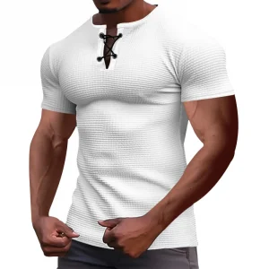 Summer cross-border athleisure fashion slim breathable men's short sleeve t-shirt European and American men's tie-up henley shir