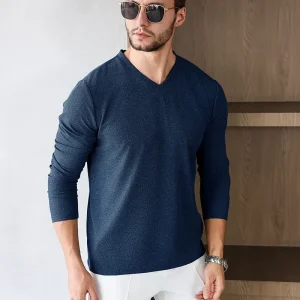 Men's Business Casual Long Sleeve V-neck T-shirt Solid Color Autumn Winter Comfortable Fashionable Versatile Top