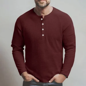 Plus-size loose-fitting waffle-knit henley collar men's long-sleeved button-down T-shirt slimming and casual base layer